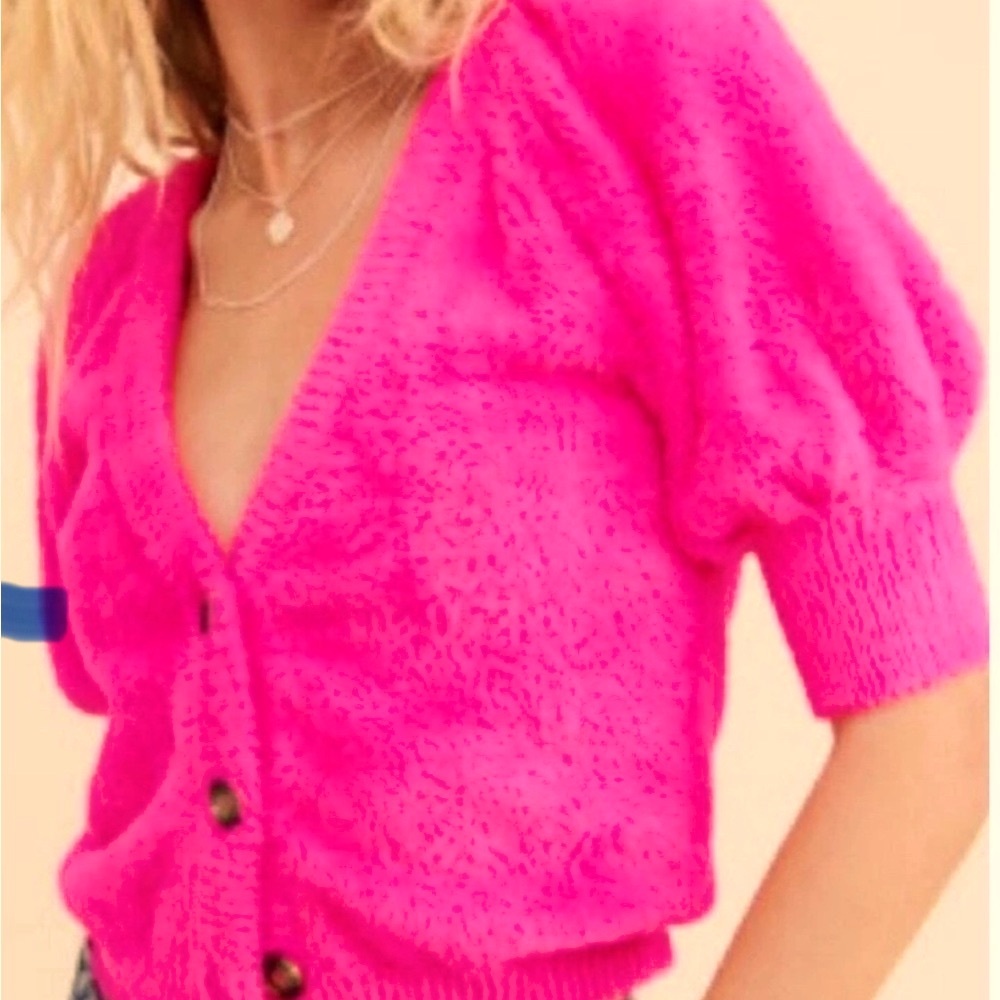 For Love & Lemons Chateau Hot Pink Fuzzy Faux Mohair Sweater Cropped Size XS